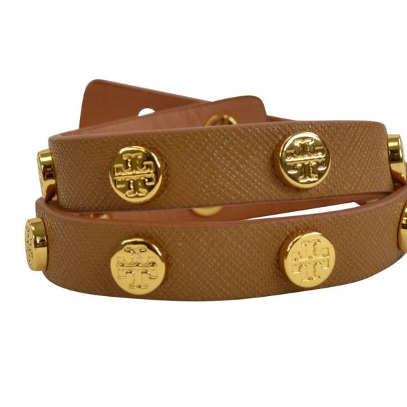 Tory Burch Jewelry - NWT Tory Burch Logo Stud Leather Double Wrap Bracelet Brown